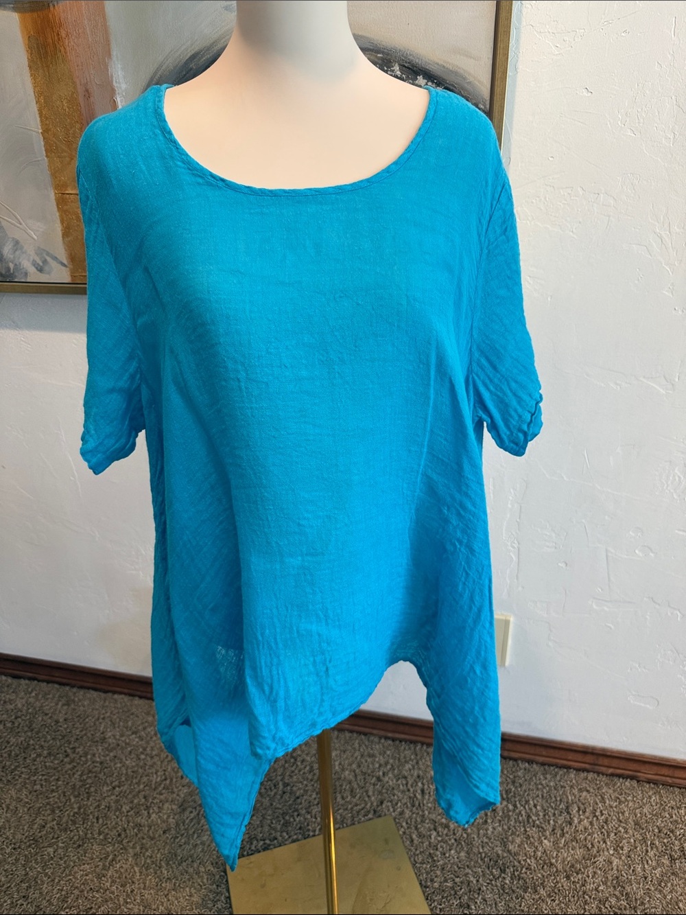 100% linen Women's Lightweight Aqua Blue Scoop Neck Tunic Top